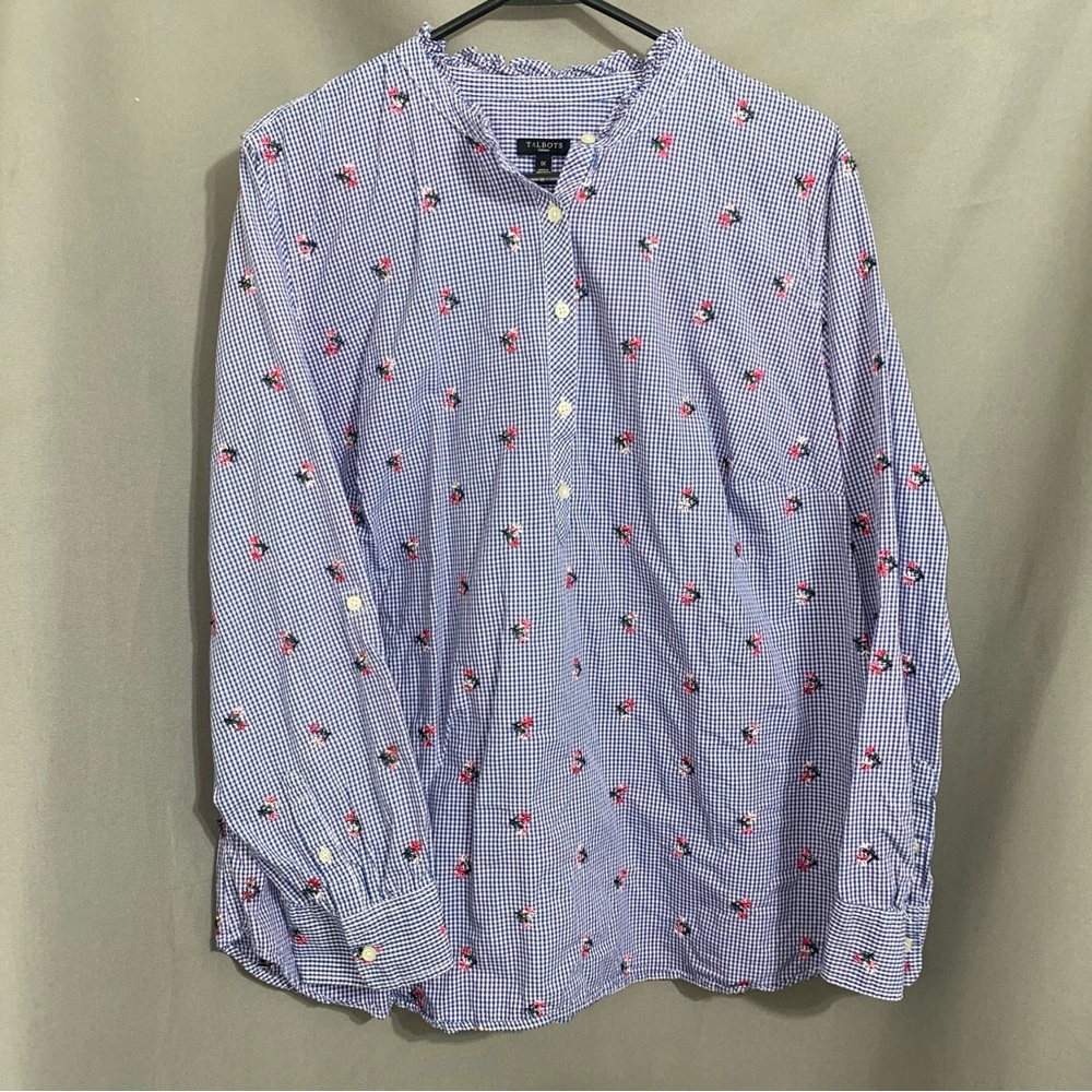 Talbots Blue Gingham Checkered Blouse with Floral Embroidered